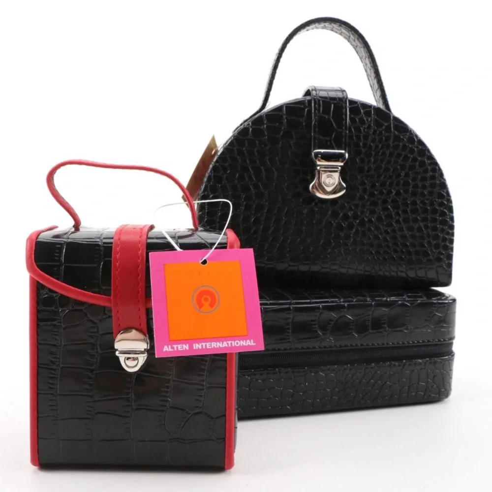 NWT Alten Black Croc Embossed Vinyl Travel Jewelry Case Boxes Set of 3